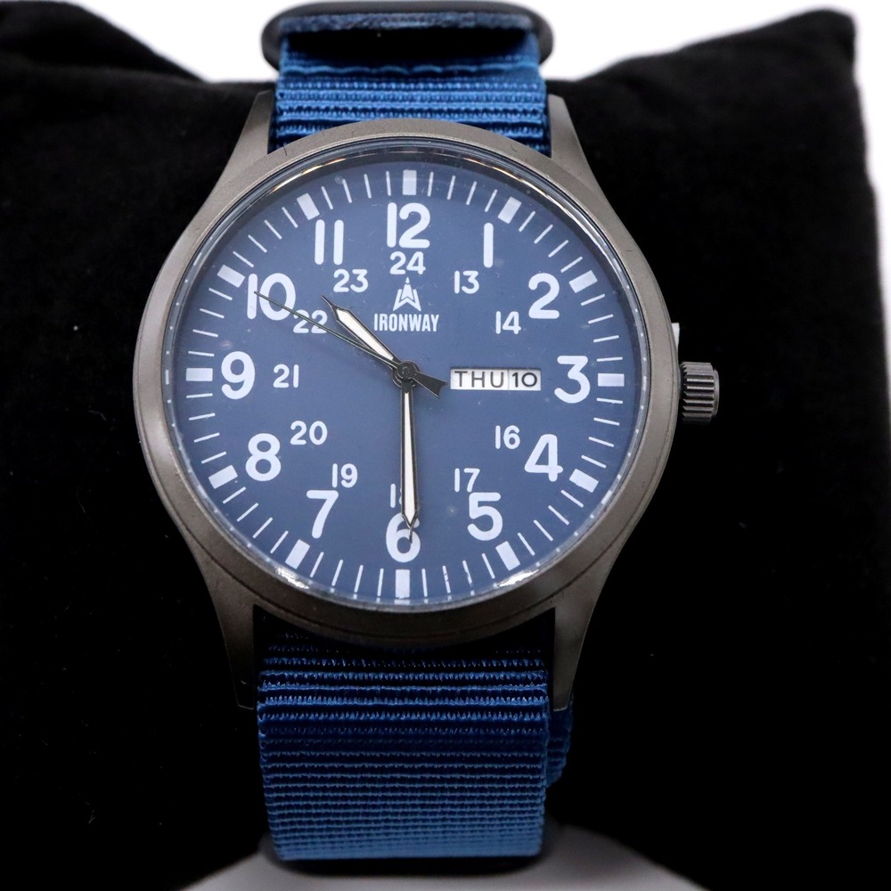 Ironway Military Field Mens Day Date Watch 42mm Silver Tone Blue New in Box